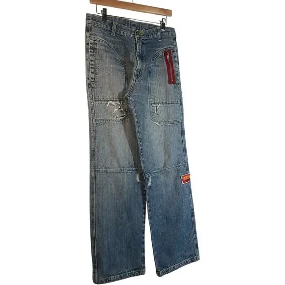 Y2K Small Gang Embroidered Wide Leg Denim Jeans 30x30